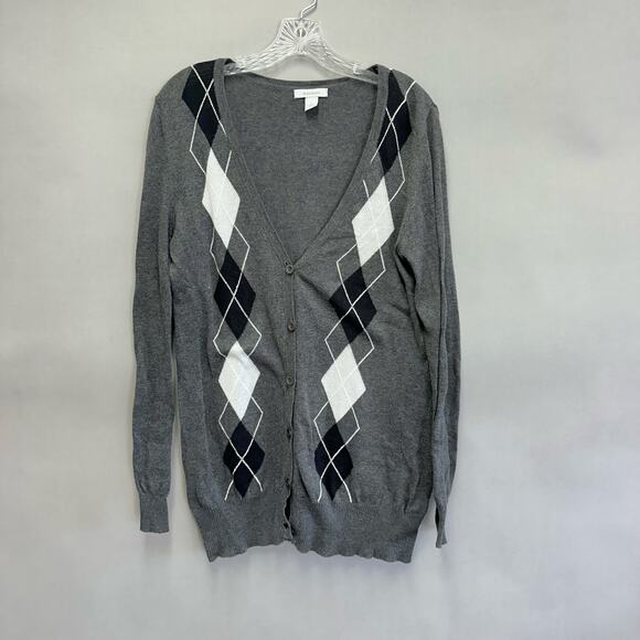 Vintage Y2K DressBarn gray longline argyle print cardigan sweater size large - Picture 13 of 15